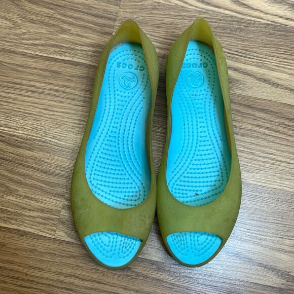 Womens Sz 7 Crocs Carlie Peep Toe Slip On Ballet Flats Sandals Green Jelly Shoes - Picture 6 of 9